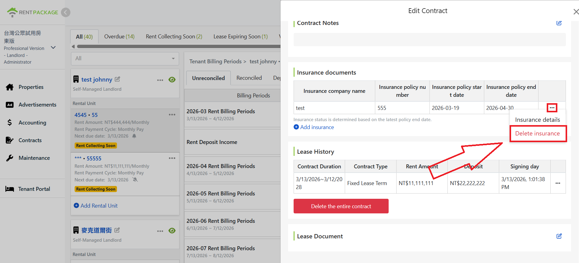 Click 'Delete Insurance' in the menu next to insurance information