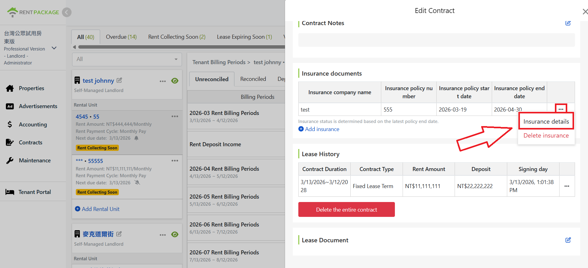 Click 'Insurance Details' in the menu next to insurance information