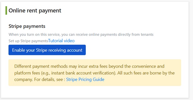 On the Online Rent Payment settings page, click Activate Your Stripe Account