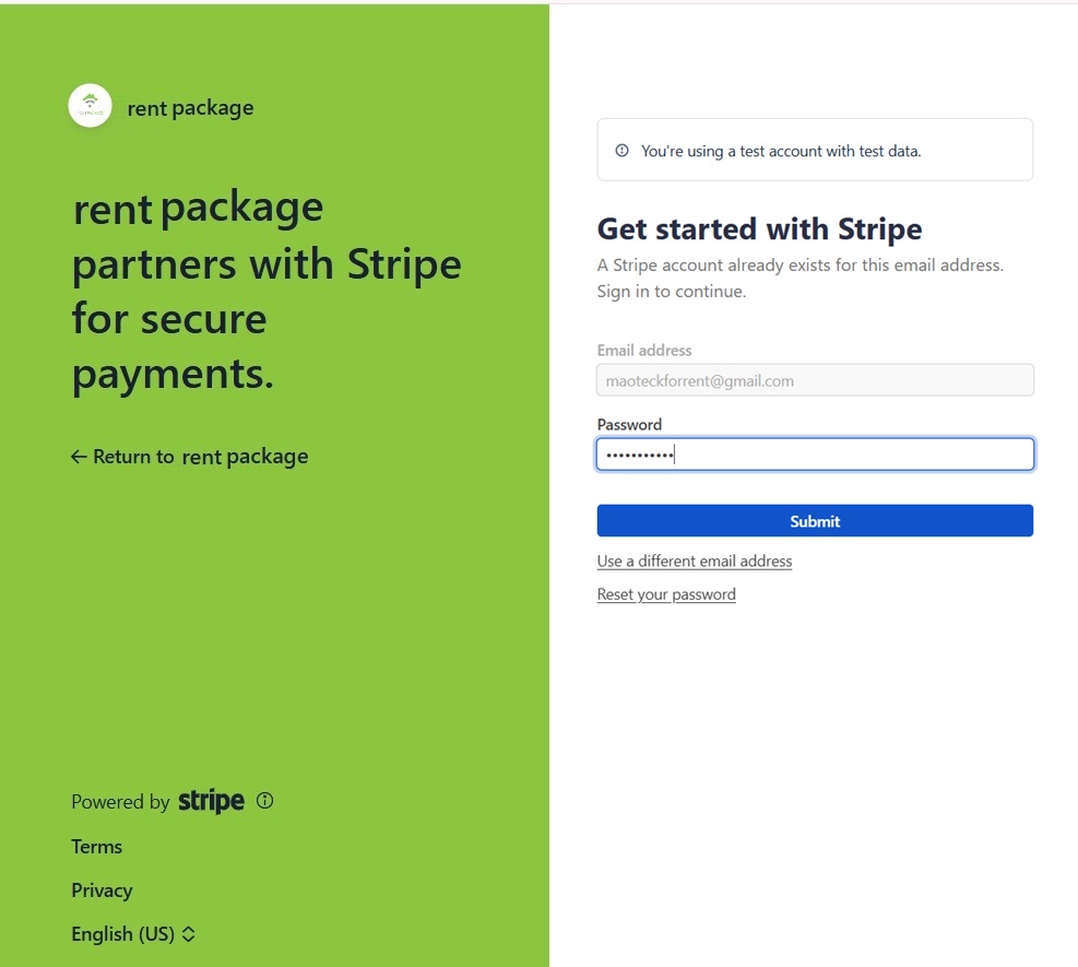 Redirect to the Stripe page to log in or register an account, and complete account activation