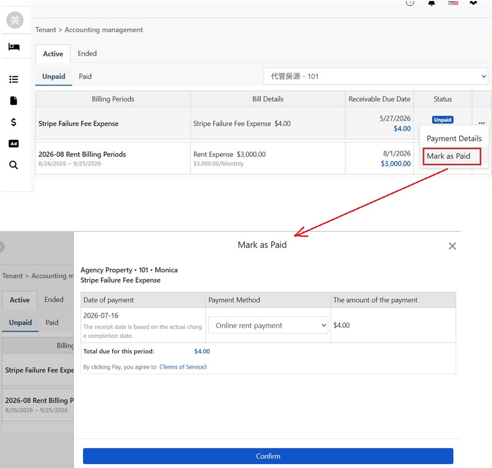 Online Rent Payment Settings Page, Tenant Covers Fees