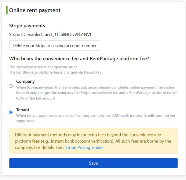 When company-borne, the tenant payment window shows only the bill amount.