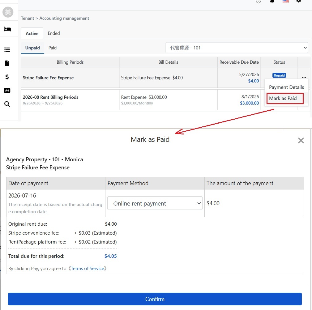 When tenant-borne, the payment window itemizes rent, estimated fees, and platform charges total.
