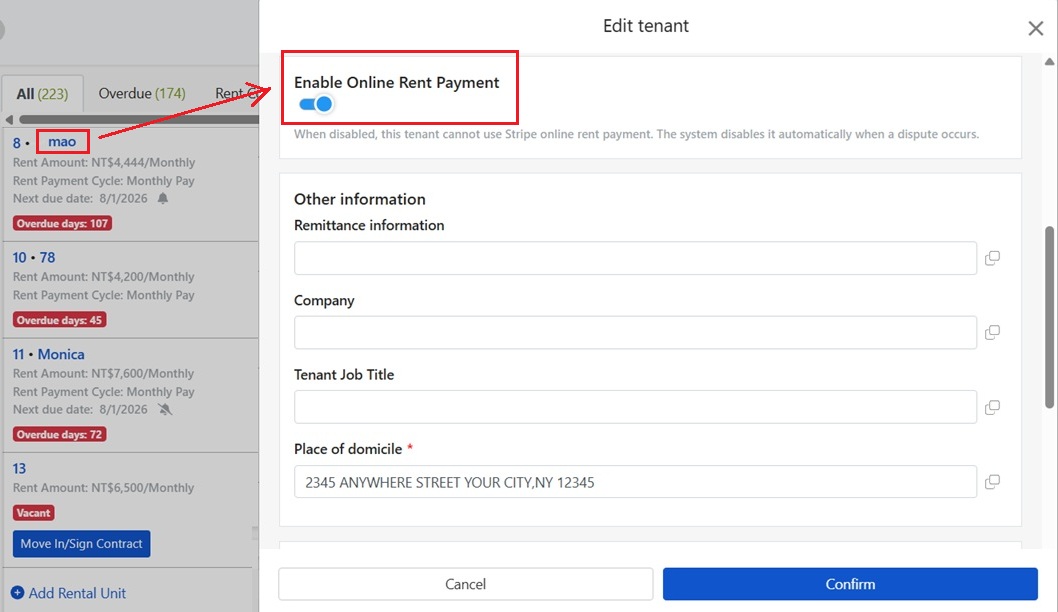Enable Online Rent Payment toggle in the Edit Tenant window
