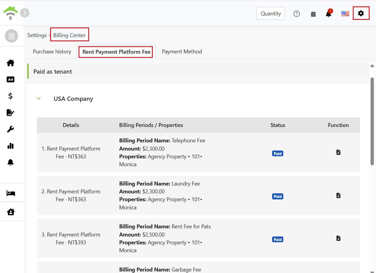 Open the Rent Platform Fee tab in the configured Billing Center, where each platform fee record is listed in the Paid by Tenant section