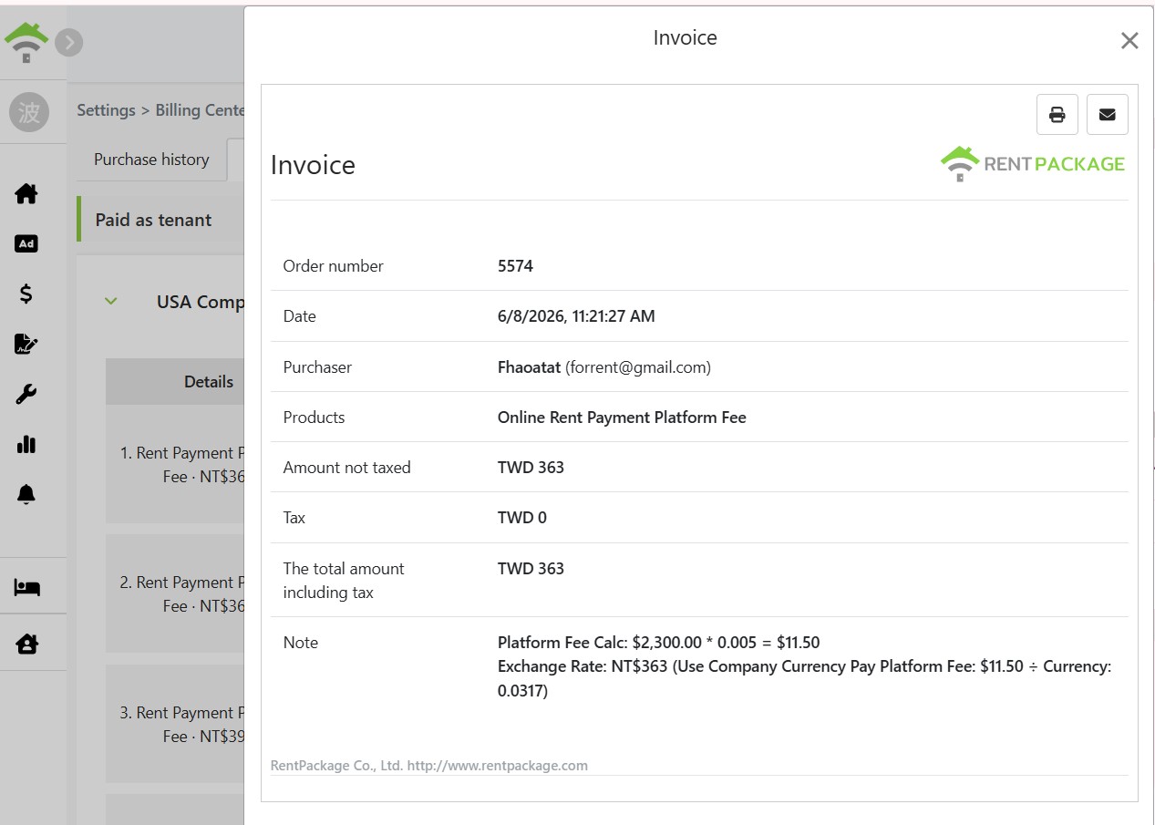 Platform Fee Receipt, including order number, purchaser, amount, and calculation method