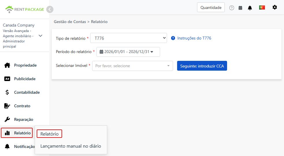 Selecionar T776 como tipo de relatório