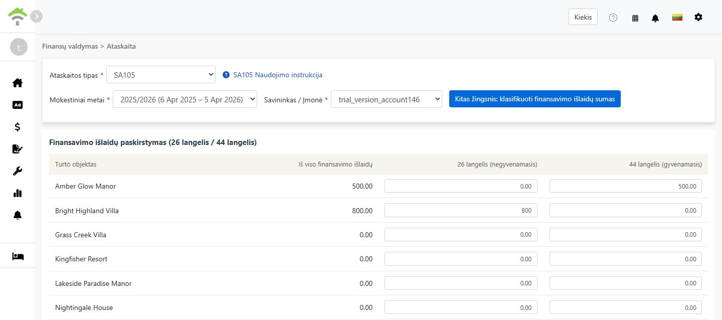 Finansinių sąnaudų paskirstymas tarp 26 ir 44 langelio