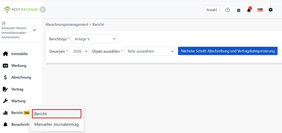 Select Anlage V as the report type