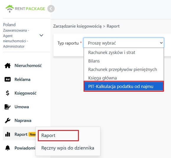 Open the report from the Reports menu, select report type PIT-Rent Tax Estimate.