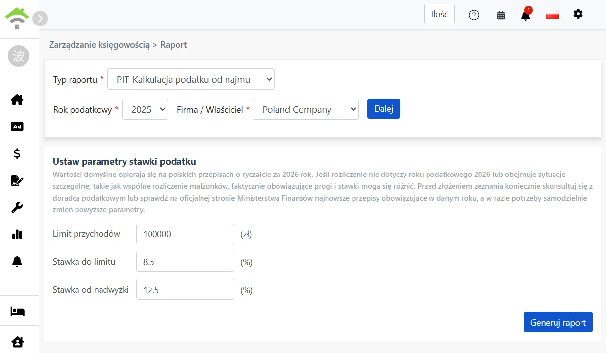 Select filing year and company or owner, then set annual income thresholds and tax rate parameters