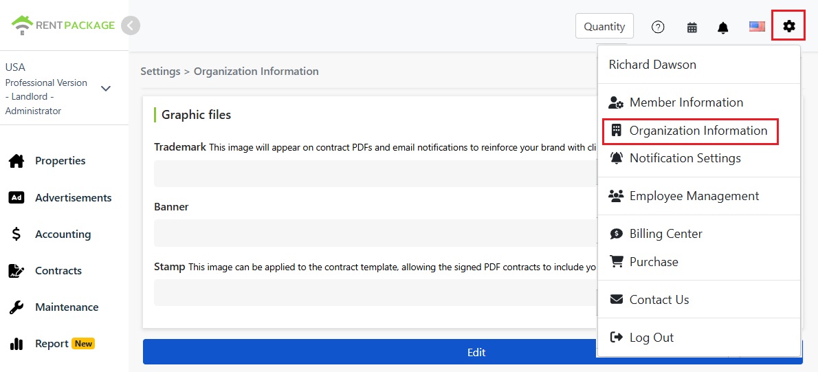 Organization Info Entry in the Settings Menu