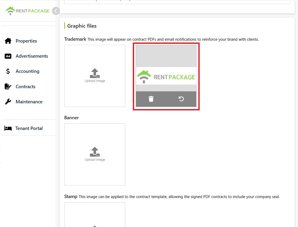 Graphics Upload Screen: Logo, Banner, Seal