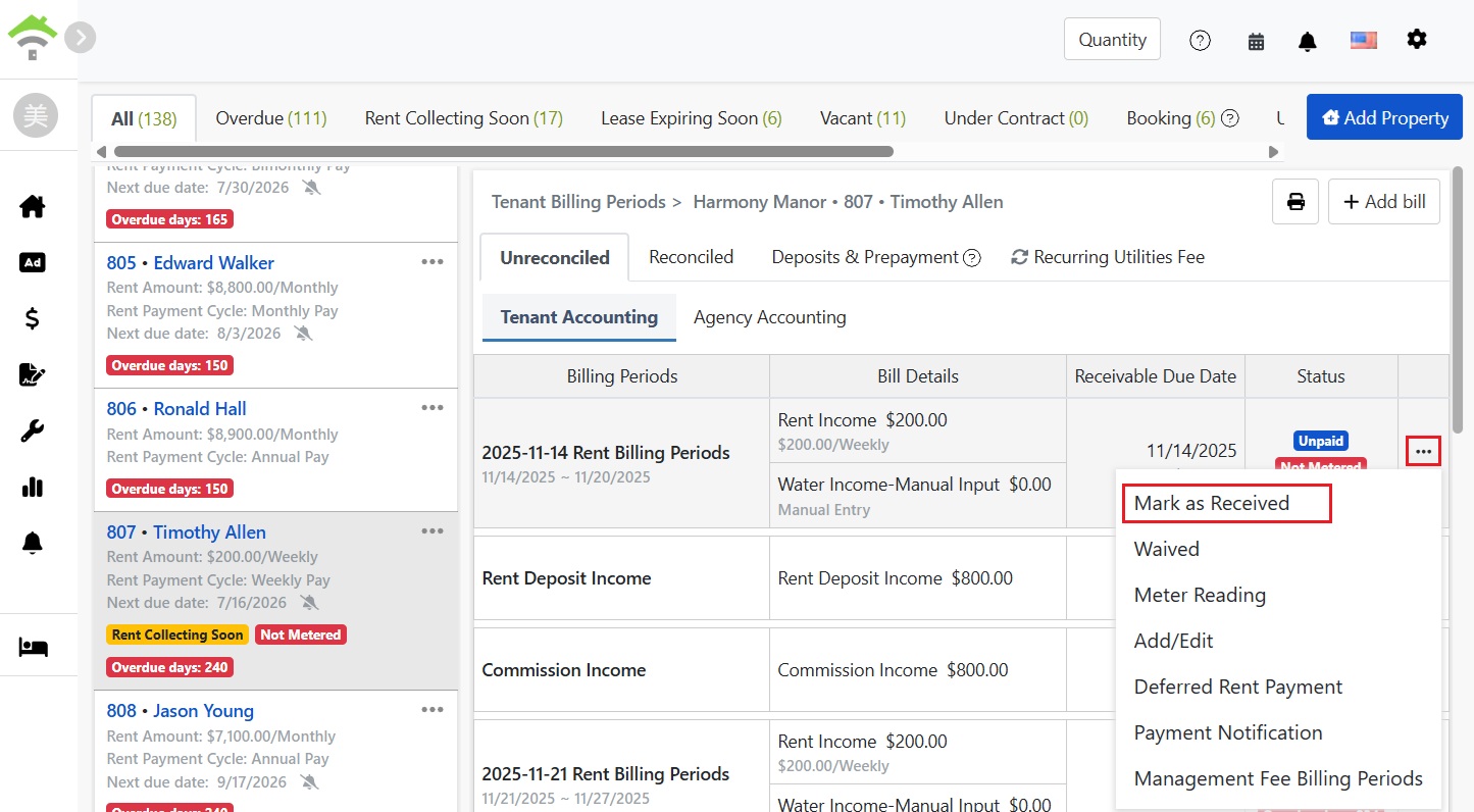 Tenant billing page: Four tabs and a function menu on the right of the bill
