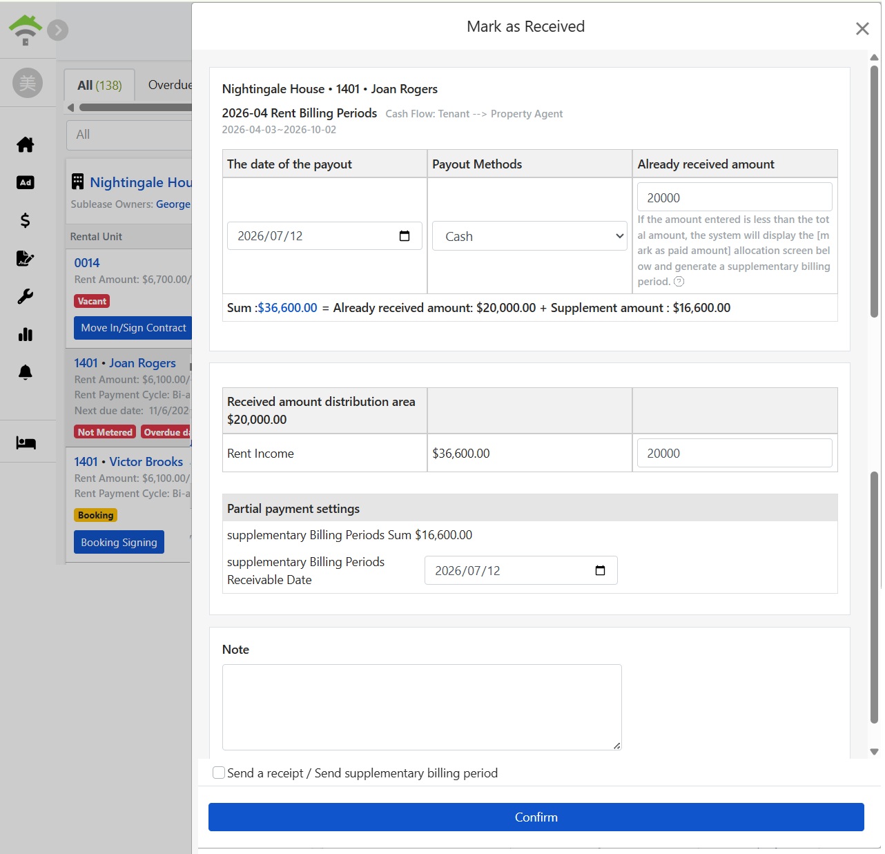 Partial Payment: Allocation of Received Amount and Auto-generated Billing Cycle
