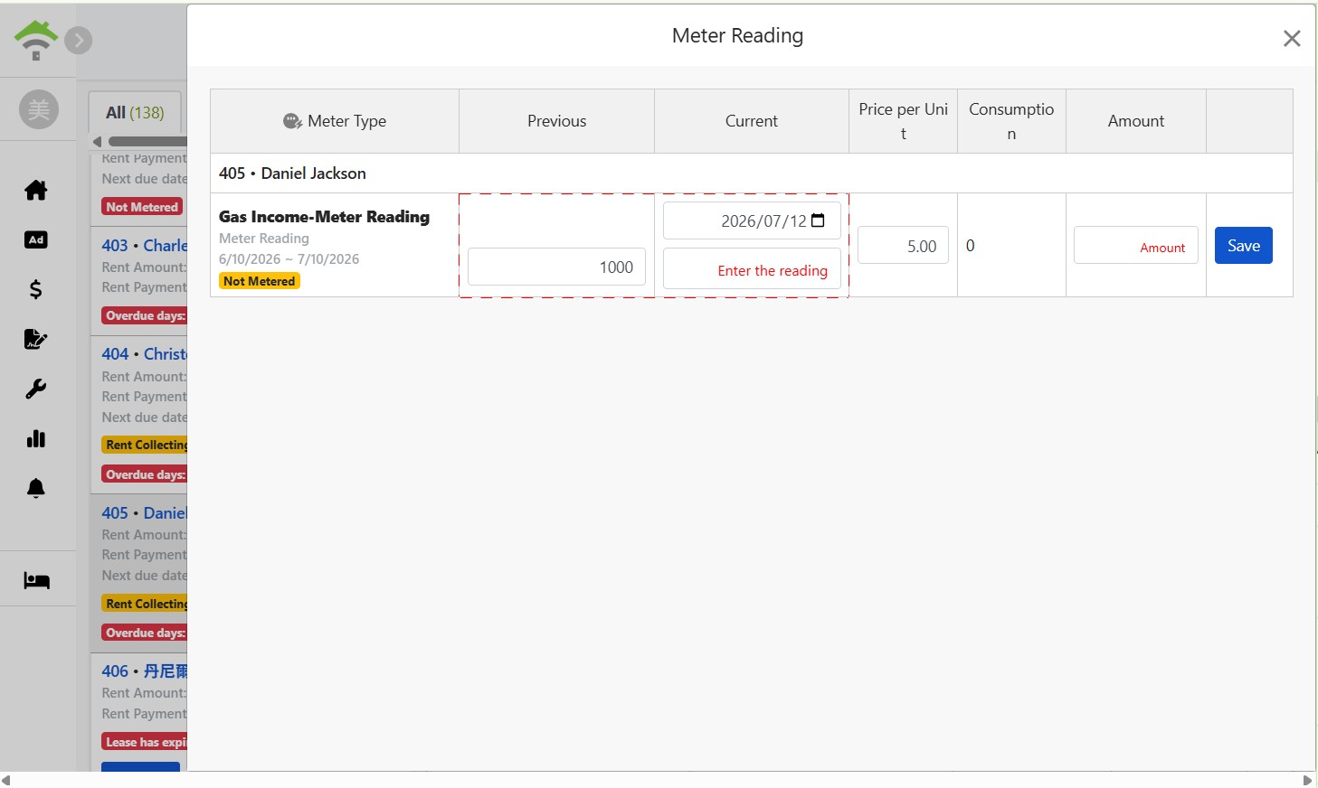 Meter Reading Window: Enter current reading, system auto-calculates amount based on previous reading and unit price