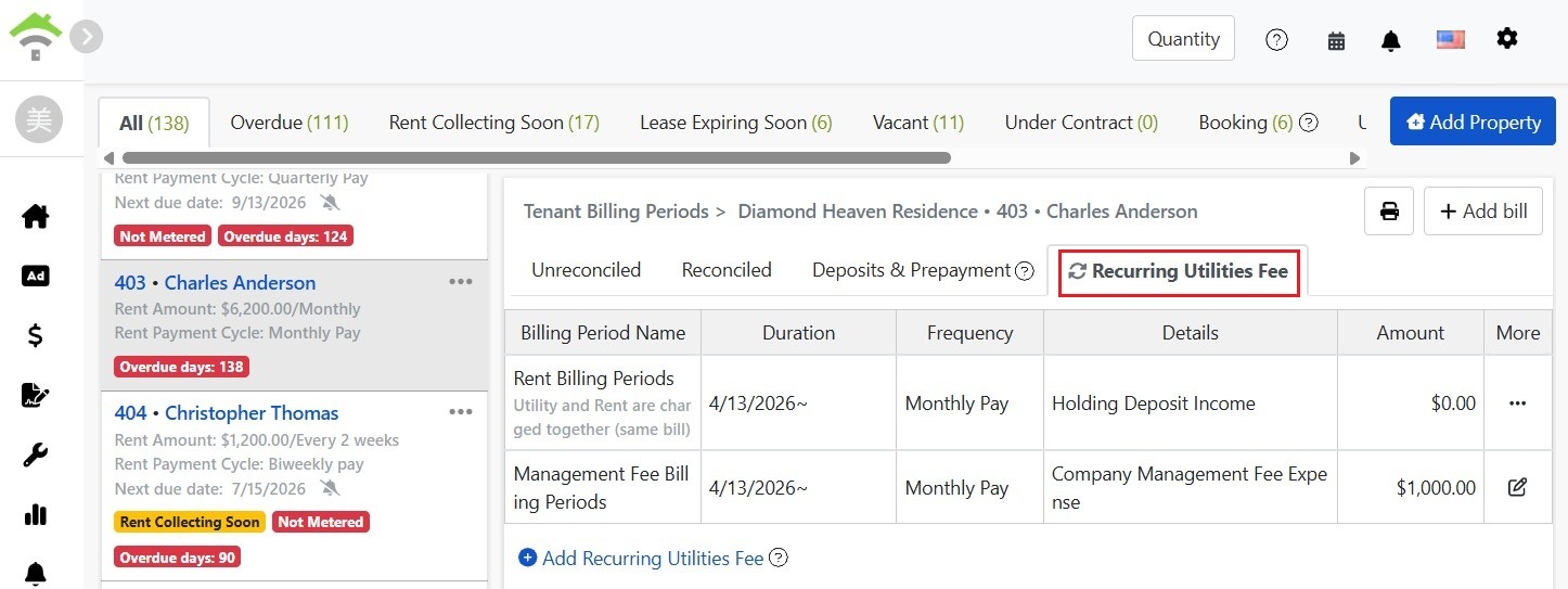 Recurring Charges Tab: Frequency, Details & Amount for each billing group