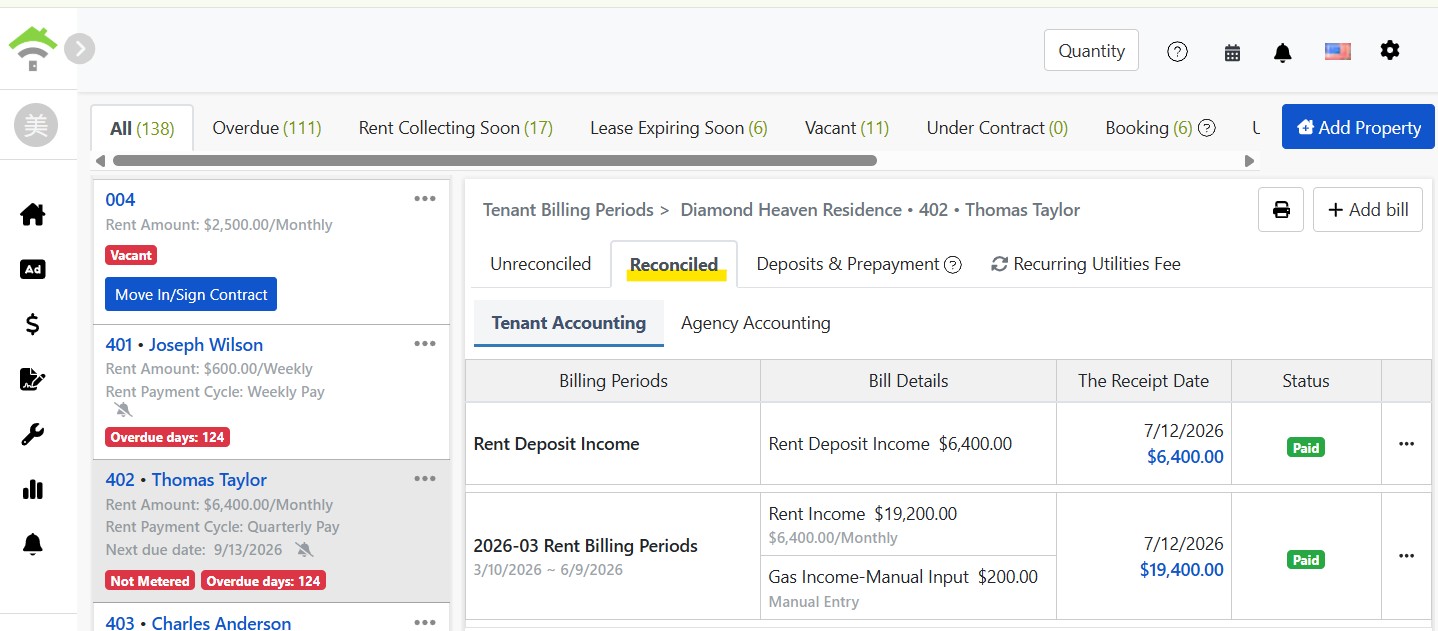 Reconciled Tab: Paid Bills and Payment Dates