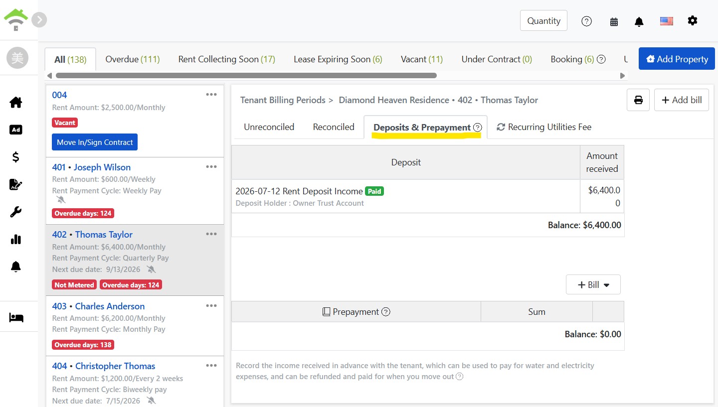 Deposits & Prepayments Tab: Deposit Records, Custodian & Balance