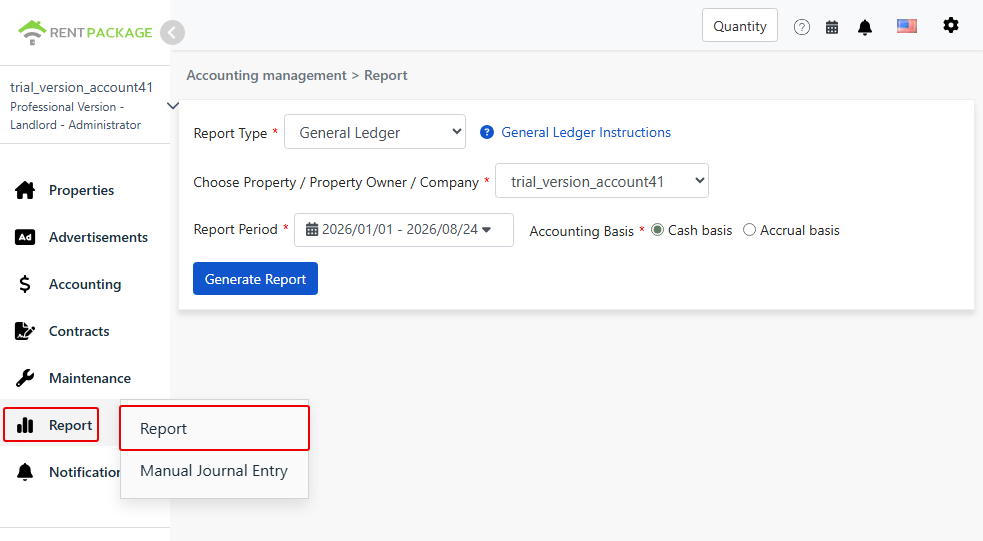 Enter the reports page from the menu and select the General Ledger.
