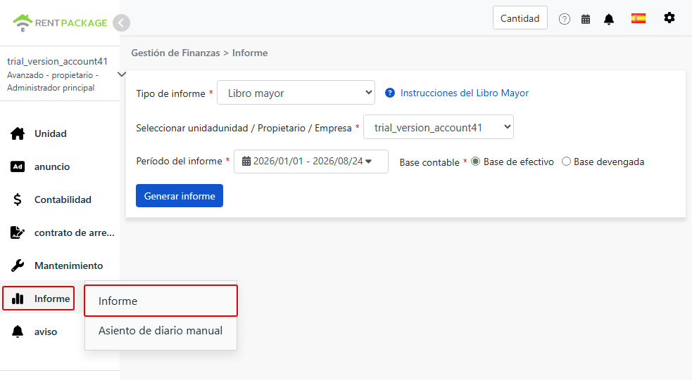 Acceda a la página de reportes desde el menú de reportes y seleccione mayor general.