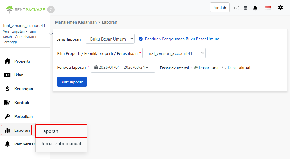 Dari menu laporan, masukkan halaman laporan dan pilih General Ledger.