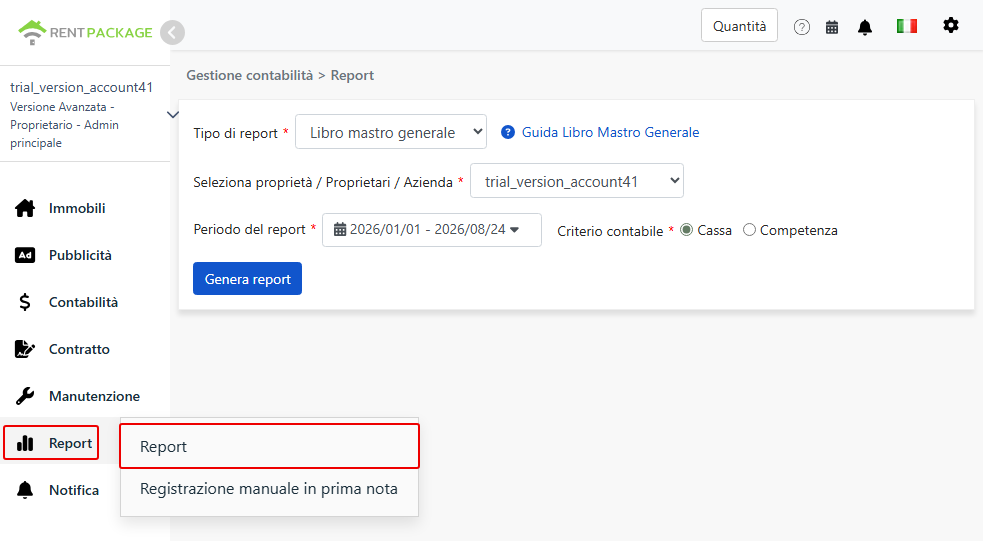 Accedi alla pagina dei report dal menu report e seleziona Libro mastro generale