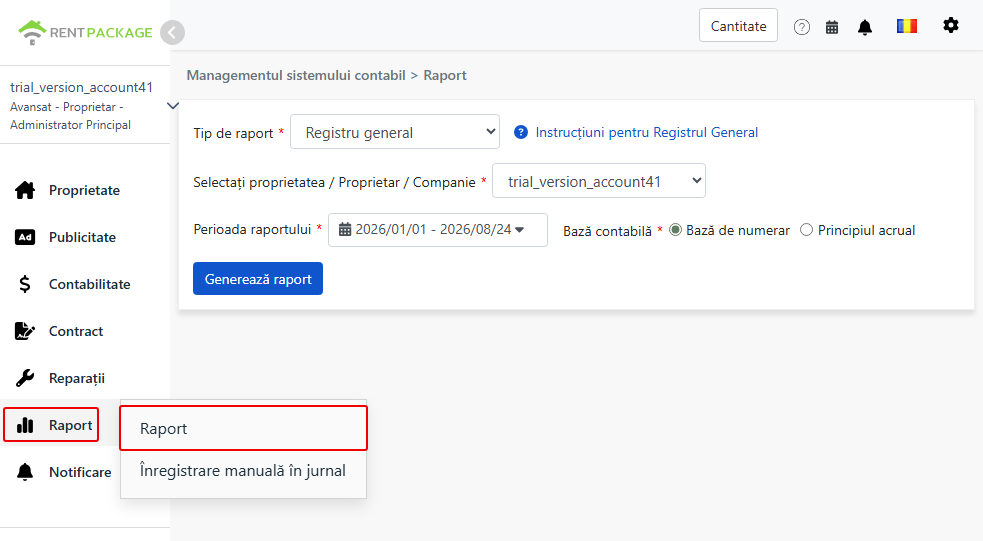 Accesați pagina de rapoarte din meniul de rapoarte, selectați registrul general