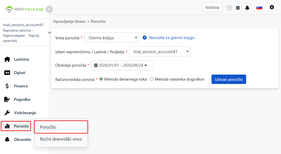 Iz menija poročil vstopite v stran s poročili in izberite glavno knjigo.