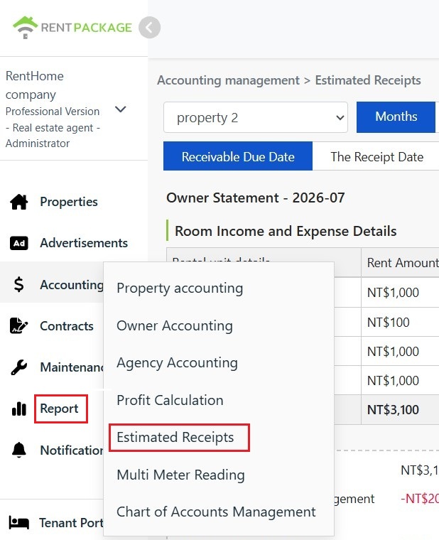 From the billing management menu, click estimated collection to open the owner’s statement.