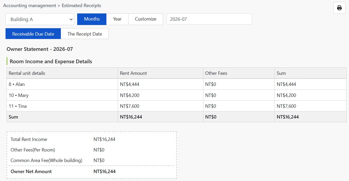 Direct Landlord/Sublessor Report: Excludes fees columns.