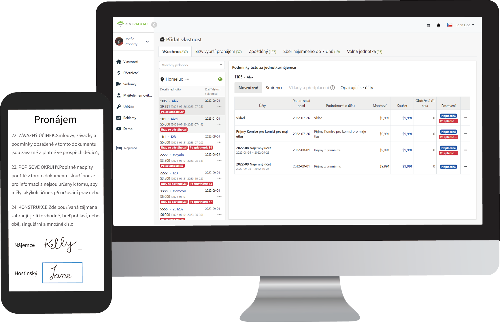 Náhled uživatelského rozhraní RentPackage pro správu nemovitostí