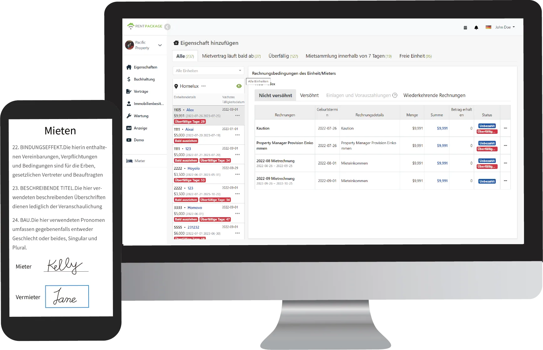 Vorschau der RentPackage-Property-Management-SaaS-Benutzeroberfläche