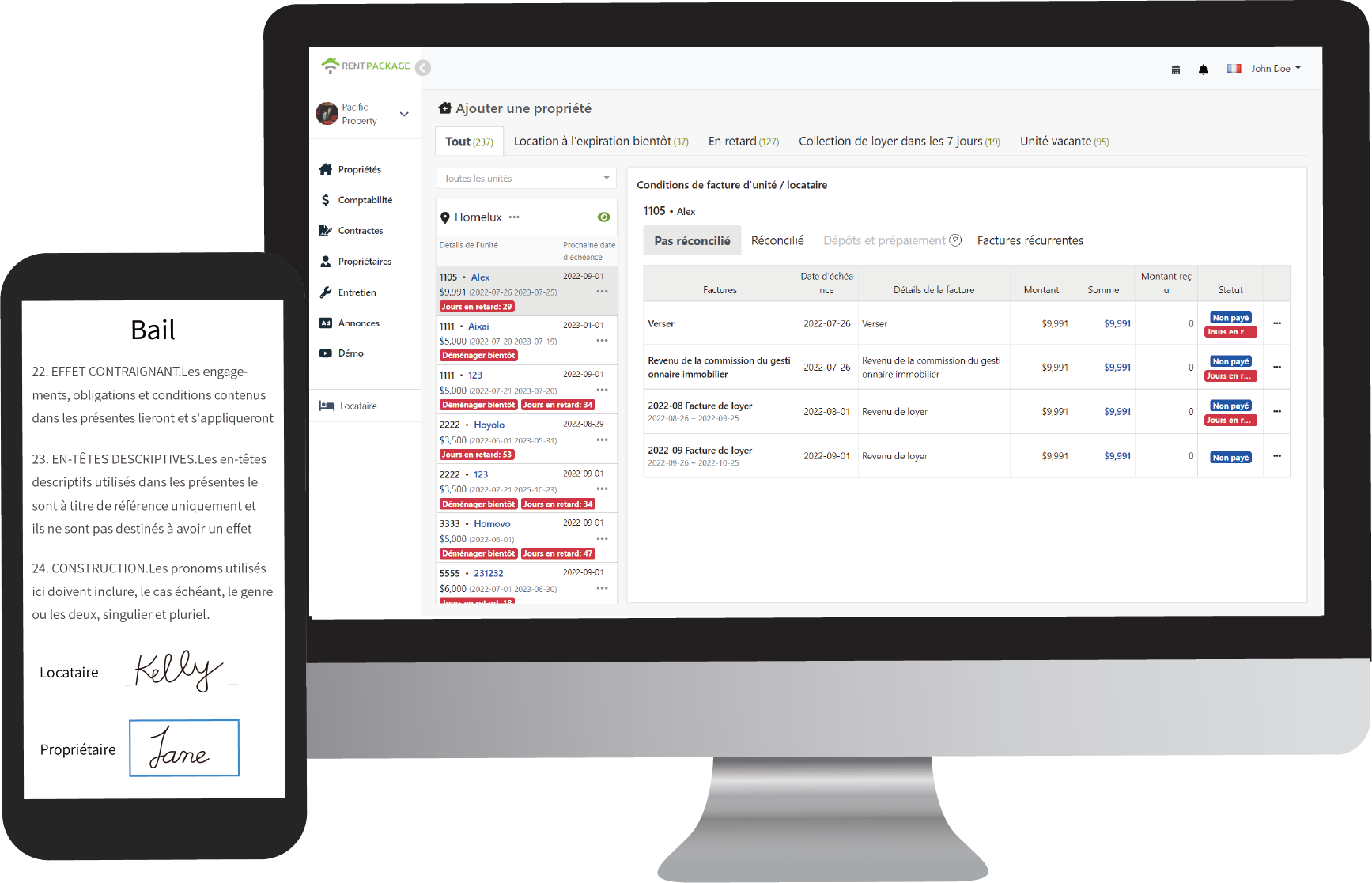 Aperçu de l'interface RentPackage Logiciel de gestion immobilière