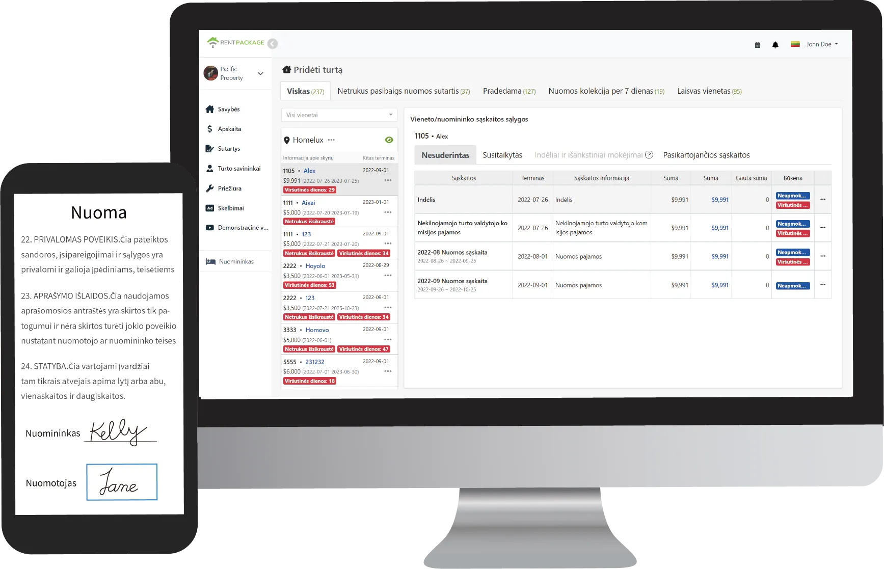 RentPackage nekilnojamojo turto valdymo programinės įrangos sąsajos peržiūra