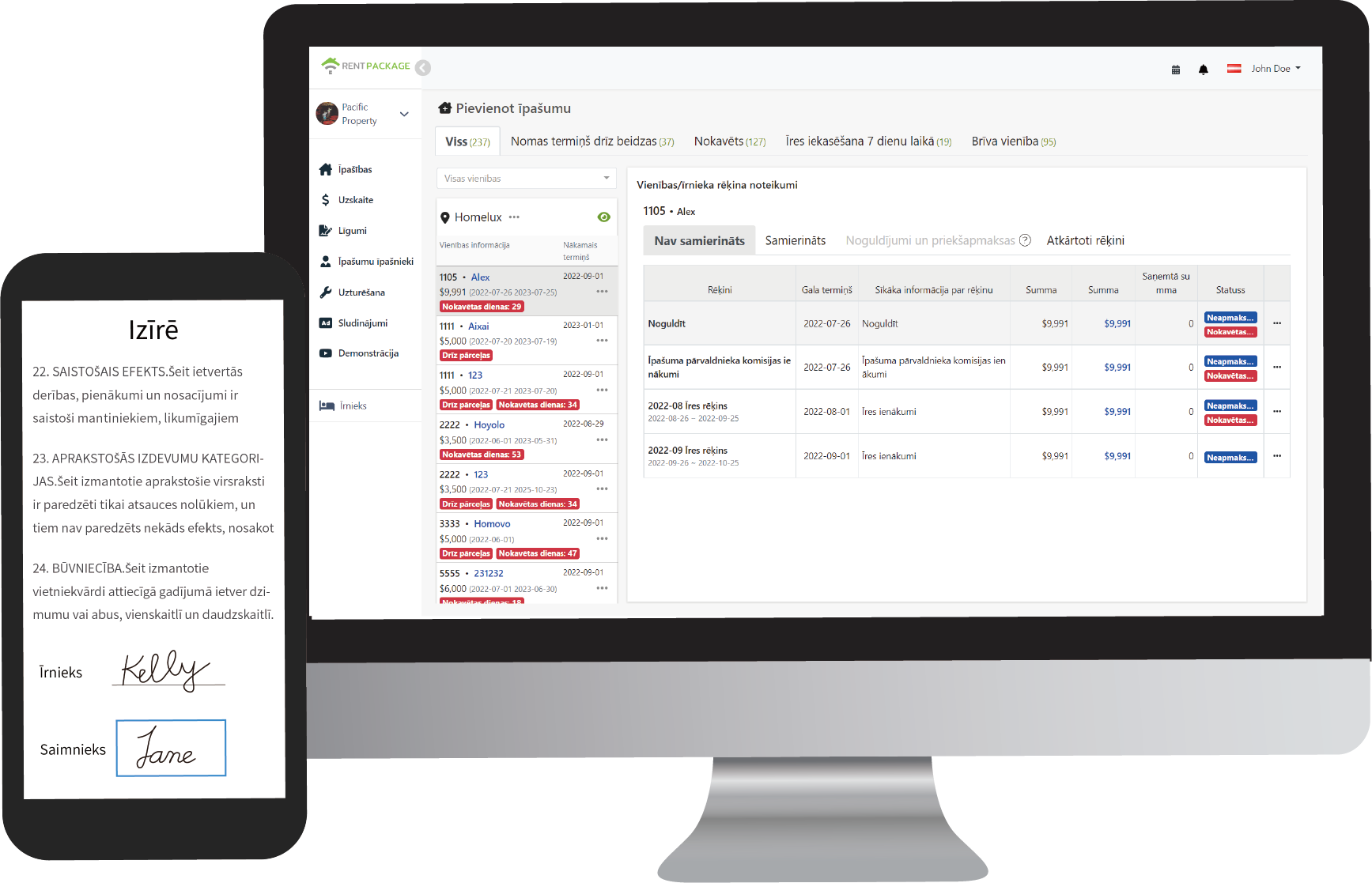 RentPackage īres pārvaldības programmatūras saskarnes priekšskatījums