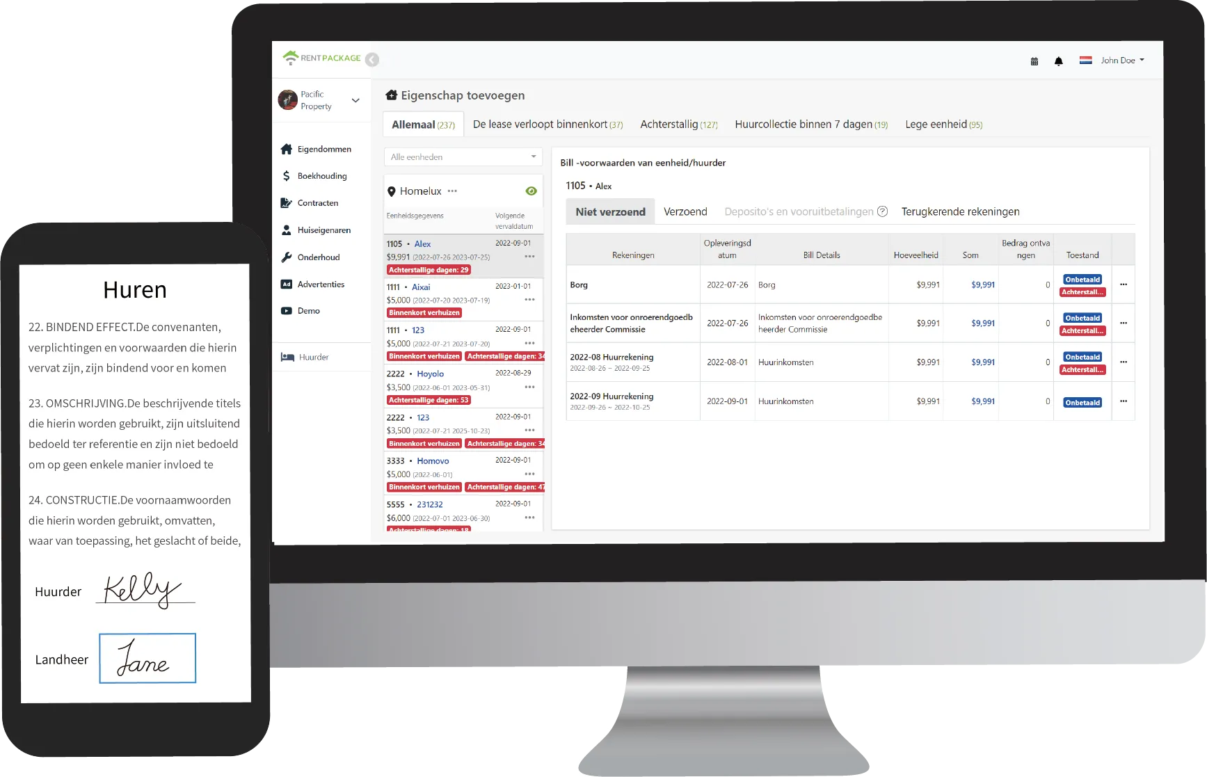 RentPackage verhuurbeheer software-interfacevoorbeeld