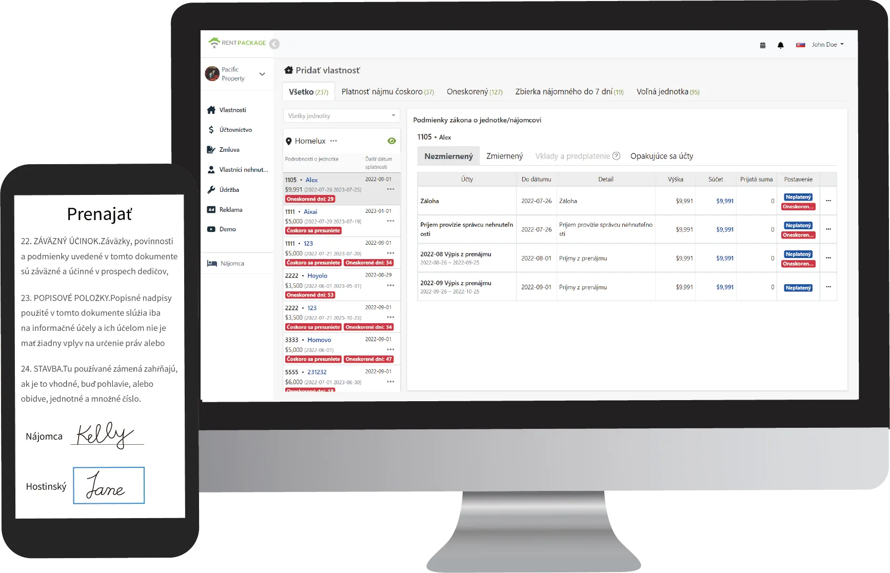 RentPackage - náhľad používateľského rozhrania pre správu nehnuteľností