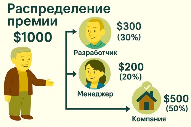 Для агентов - и распределите комиссию в виде бонусов сотрудникам в соответствии с пропорцией.: Для разработчиков, сотрудников по продажам, агентств