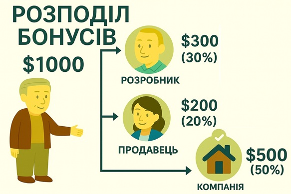 Для агентів - та розподіліть комісії у відсотках, виплативши бонуси співробітникам: розробникам, продажникам та агентству
