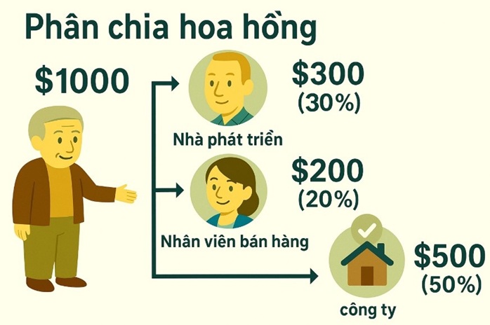 Dành riêng cho môi giới - Và phân chia hoa hồng theo tỷ lệ, phân bổ thành thưởng cho nhân viên: Nhân viên phát triển, nhân viên khóa đơn, công ty môi giới