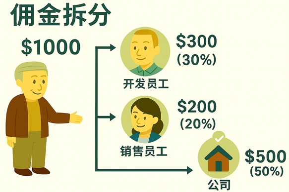 仲介专属 - 并将佣金依比例，拆分员工奖金给: 开发员工、锁售员工、中介公司