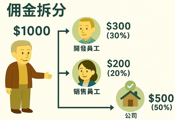 仲介專屬 - 並將佣金依比例，拆分員工獎金給: 開發員工、鎖售員工、仲介公司